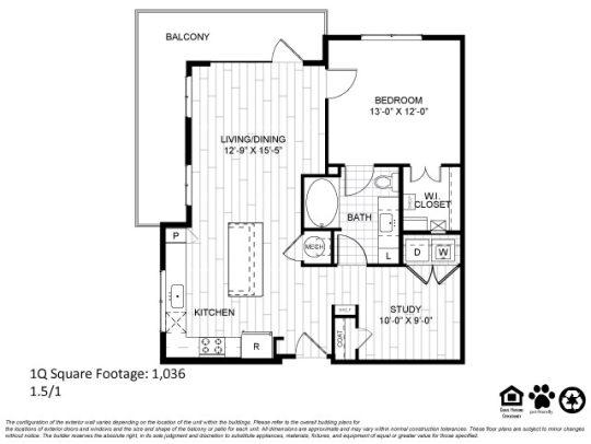 Teak at the Branch Floor Plan 1 Bedroom 1 Bath Study 1 Bed 1 Bath 864 sqft