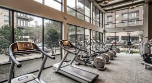 a gym with treadmills and windows in the background at The Teak at  Branch